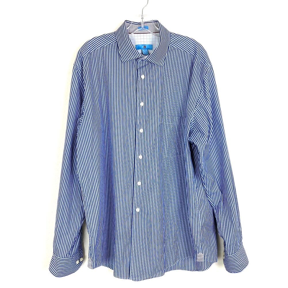 Egara Men's Button Up Shirt Size XL  17-17.5 Striped Blue White Cotton No Iron